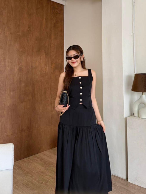 Square Neckline Button Down Sleeves Tops With Skirts Sets